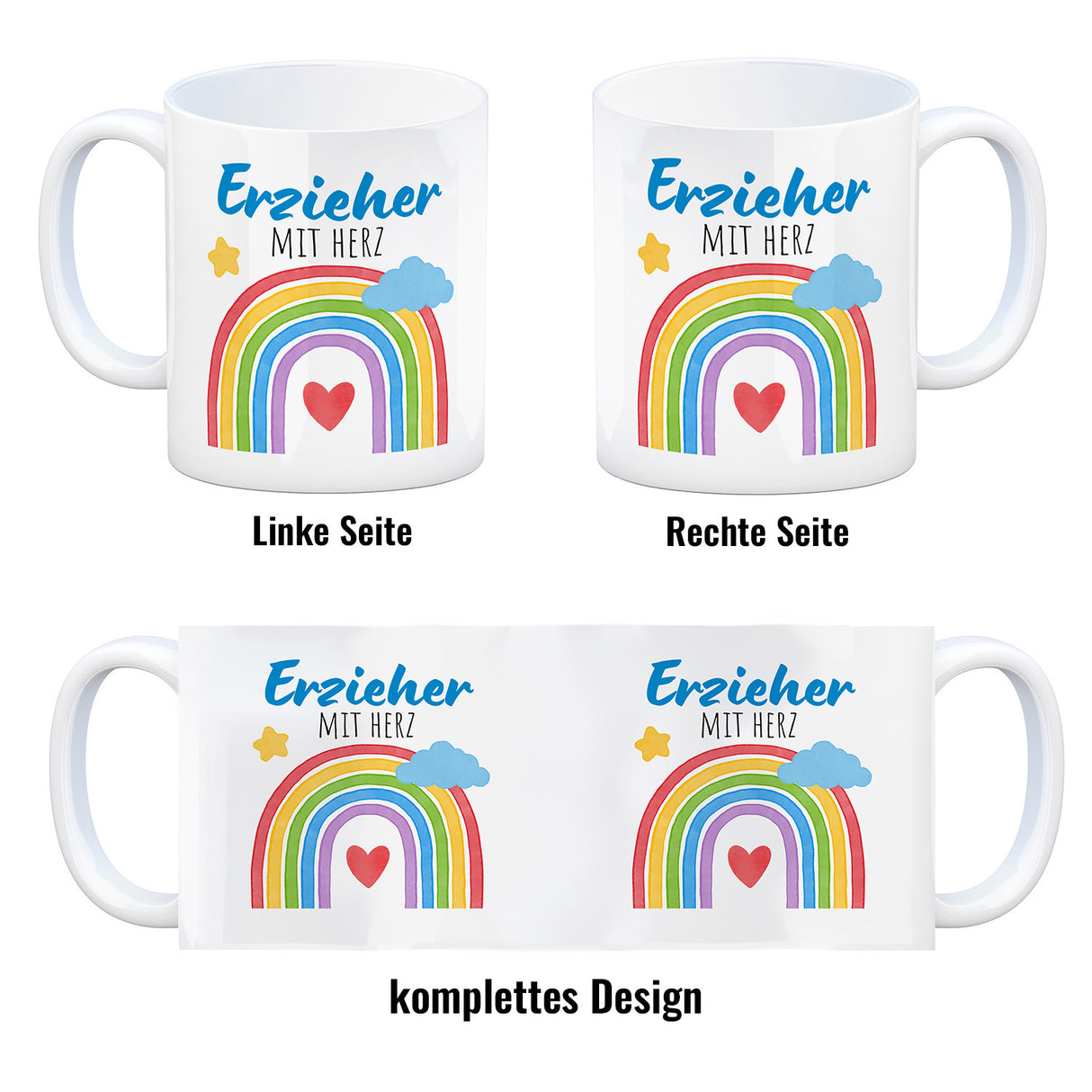 Regenbogen Kaffeebecher mit Spruch Erzieher mit Herz