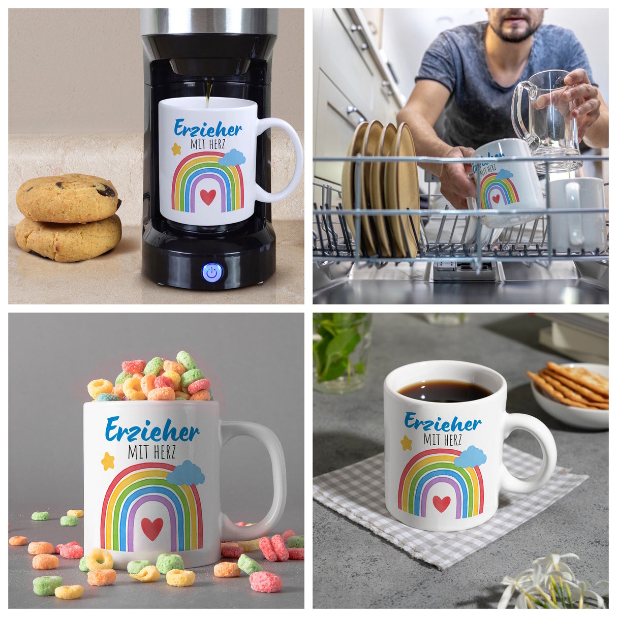 Regenbogen Kaffeebecher mit Spruch Erzieher mit Herz