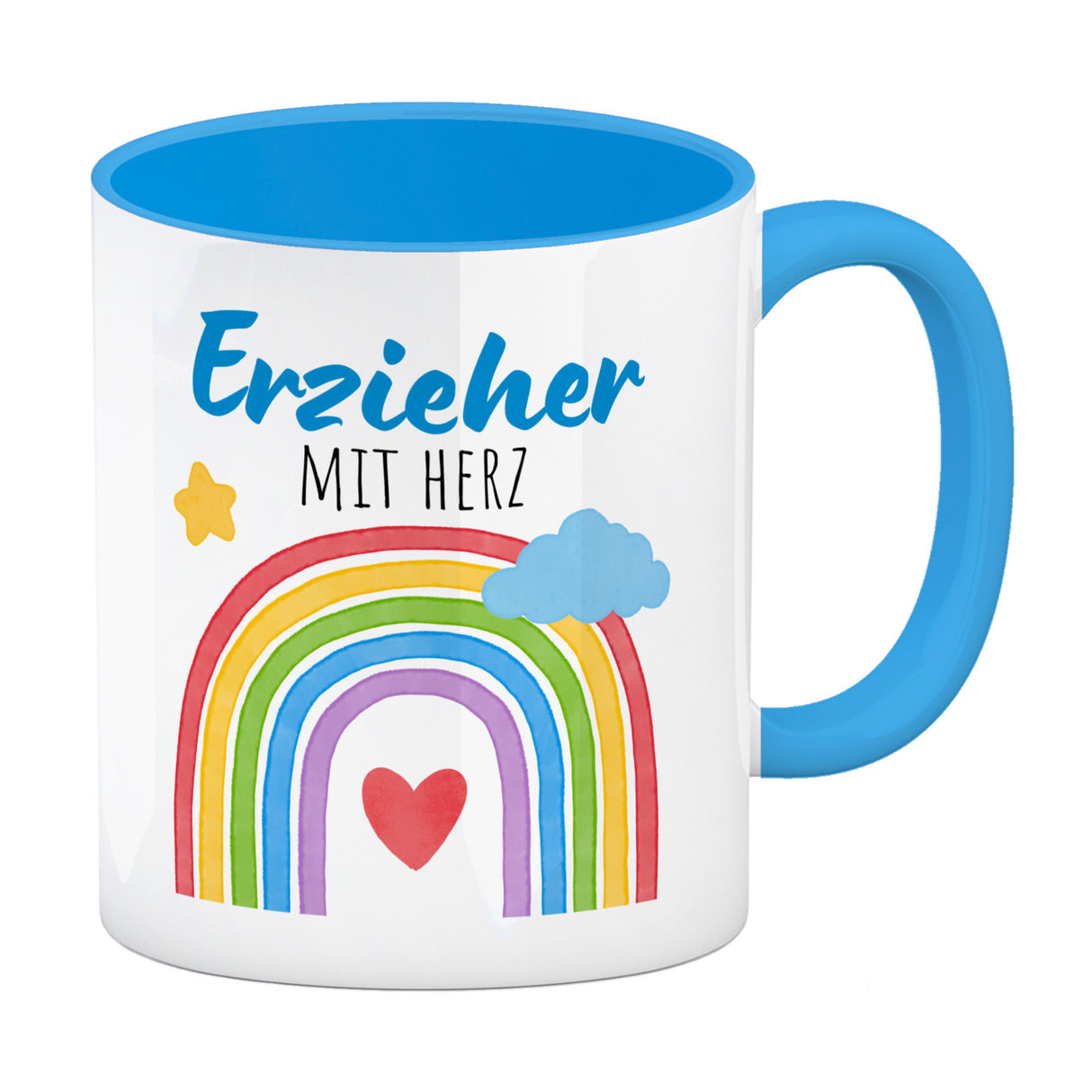 Regenbogen Kaffeebecher mit Spruch Erzieher mit Herz