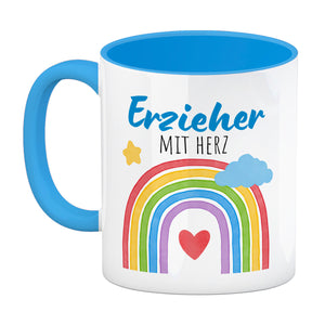 Regenbogen Kaffeebecher mit Spruch Erzieher mit Herz