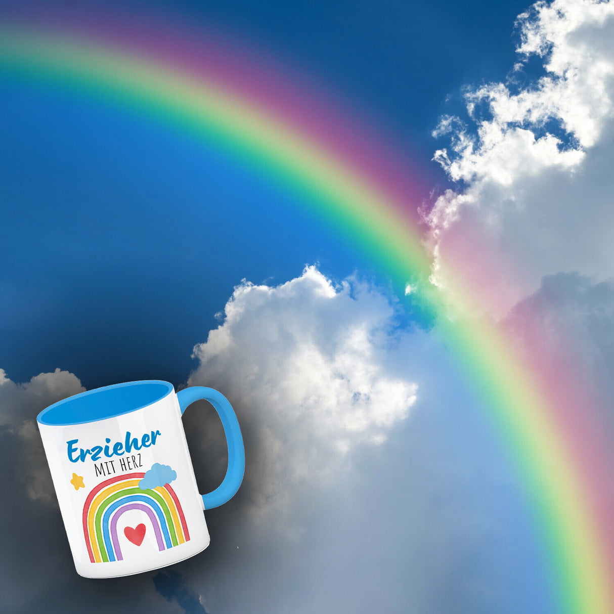 Regenbogen Kaffeebecher mit Spruch Erzieher mit Herz