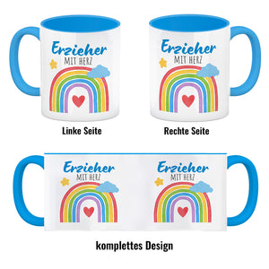 Regenbogen Kaffeebecher mit Spruch Erzieher mit Herz