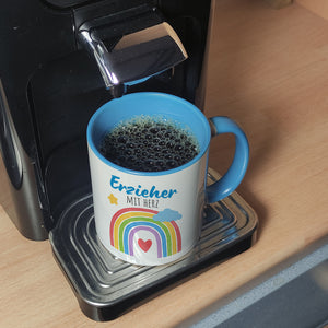 Regenbogen Kaffeebecher mit Spruch Erzieher mit Herz