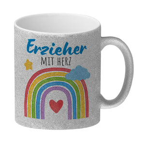 Regenbogen Kaffeebecher mit Spruch Erzieher mit Herz