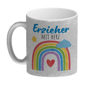 Regenbogen Kaffeebecher mit Spruch Erzieher mit Herz