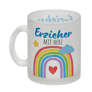 Regenbogen Kaffeebecher mit Spruch Erzieher mit Herz