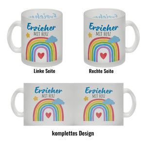 Regenbogen Kaffeebecher mit Spruch Erzieher mit Herz