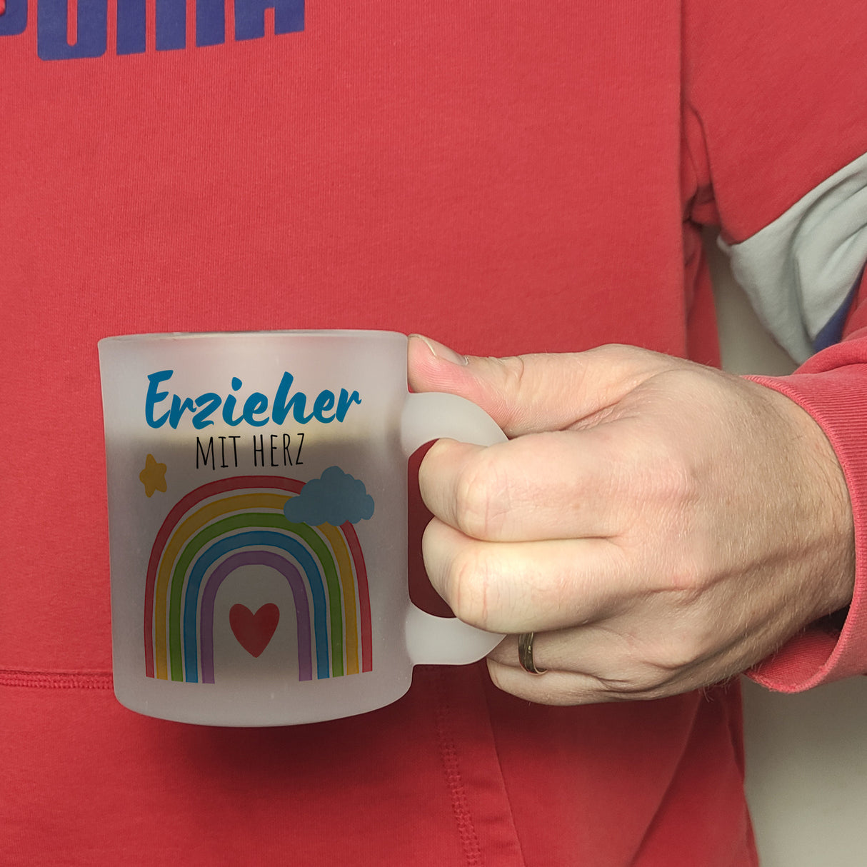 Regenbogen Kaffeebecher mit Spruch Erzieher mit Herz