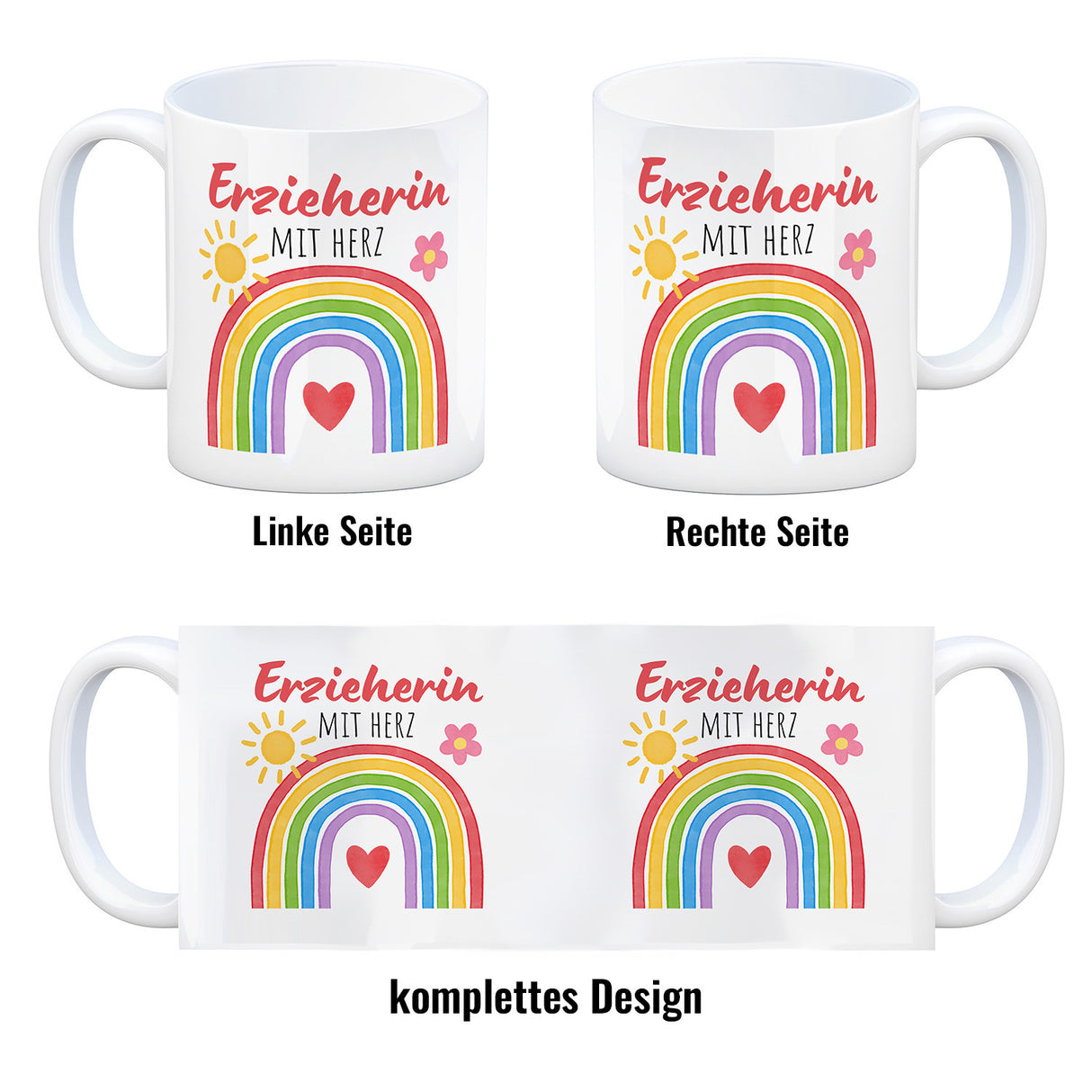 Regenbogen Kaffeebecher mit Spruch Erzieherin mit Herz