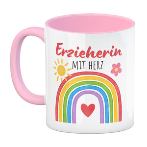 Regenbogen Kaffeebecher mit Spruch Erzieherin mit Herz