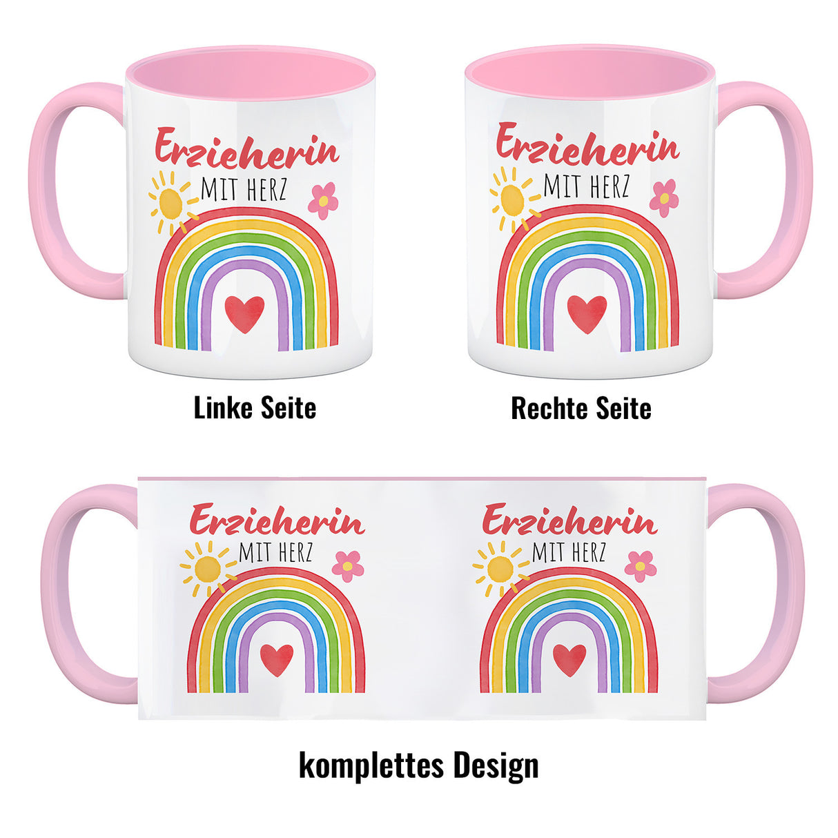 Regenbogen Kaffeebecher mit Spruch Erzieherin mit Herz