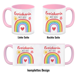 Regenbogen Kaffeebecher mit Spruch Erzieherin mit Herz