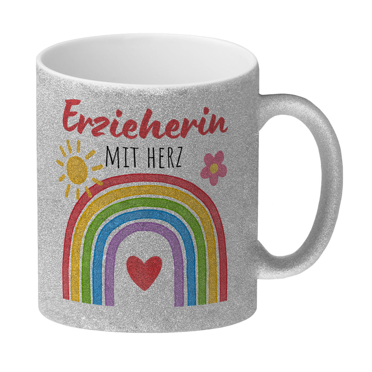 Regenbogen Kaffeebecher mit Spruch Erzieherin mit Herz