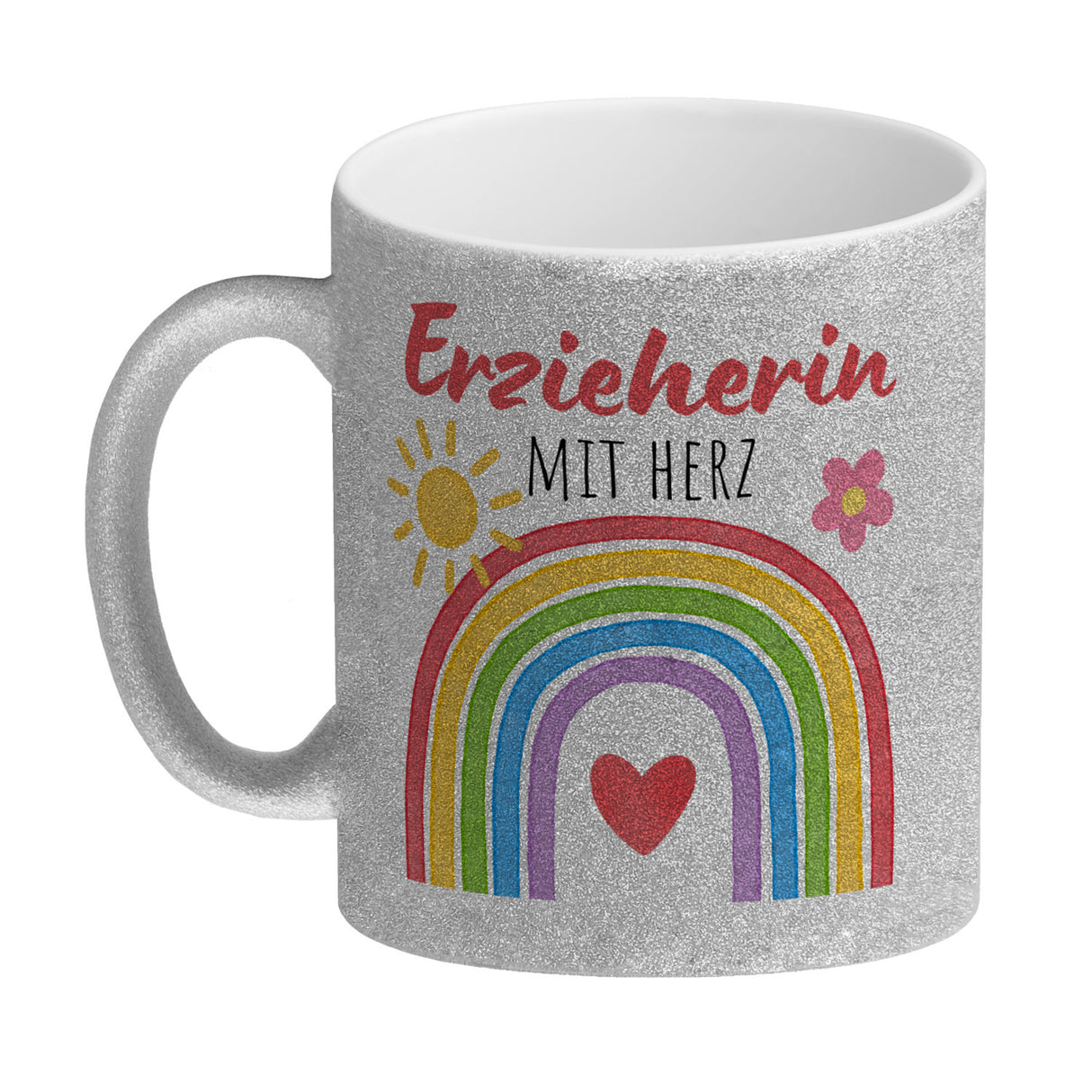 Regenbogen Kaffeebecher mit Spruch Erzieherin mit Herz