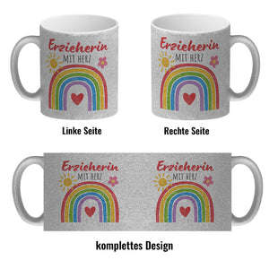 Regenbogen Kaffeebecher mit Spruch Erzieherin mit Herz