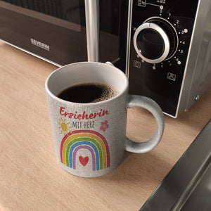 Regenbogen Kaffeebecher mit Spruch Erzieherin mit Herz