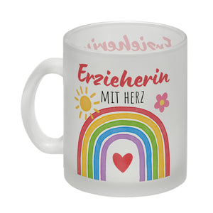 Regenbogen Kaffeebecher mit Spruch Erzieherin mit Herz