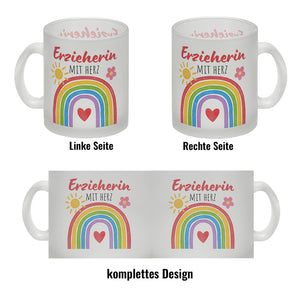 Regenbogen Kaffeebecher mit Spruch Erzieherin mit Herz