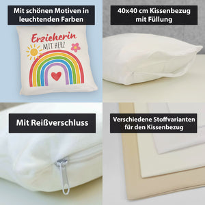 Regenbogen Kissen mit Spruch Erzieherin mit Herz