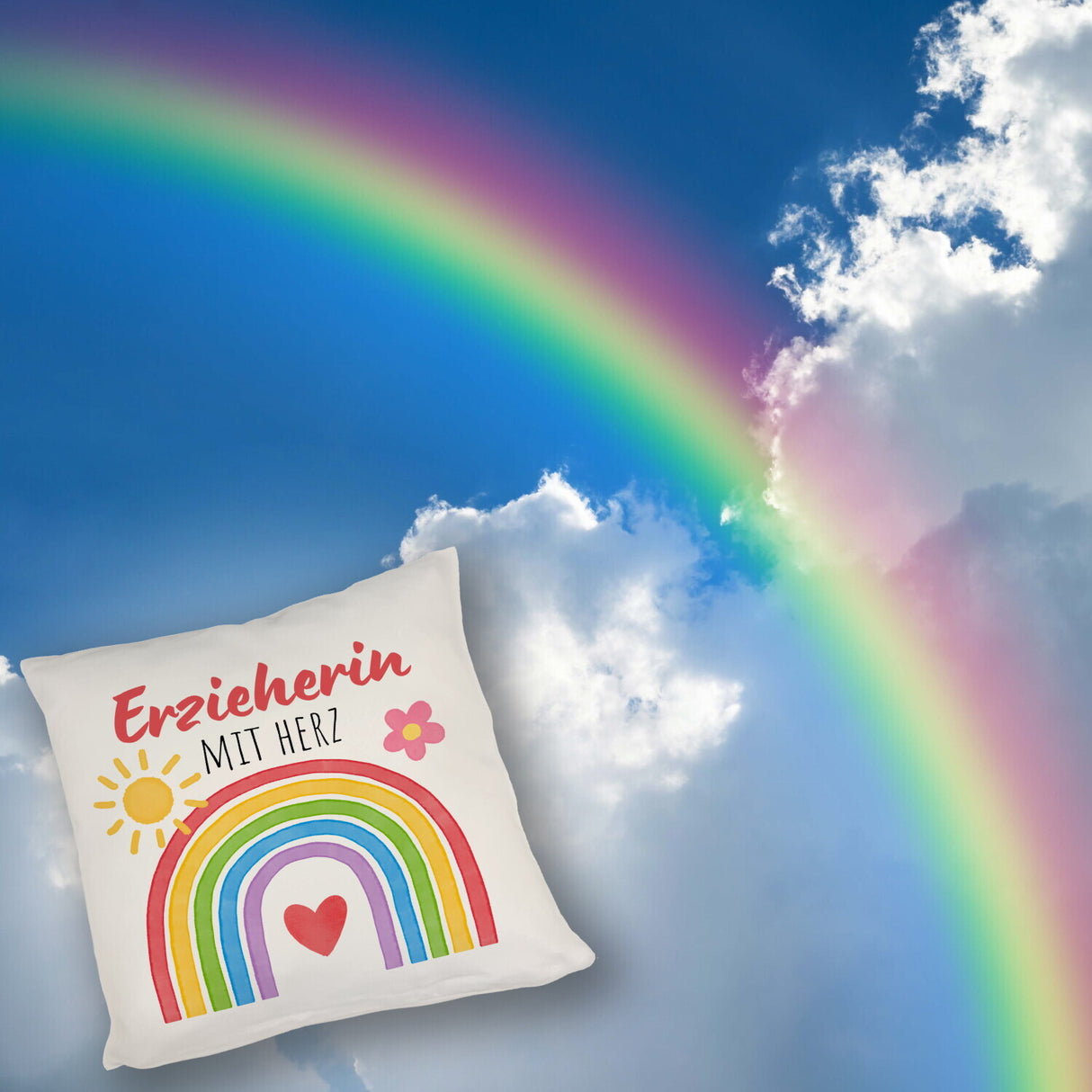 Regenbogen Kissen mit Spruch Erzieherin mit Herz