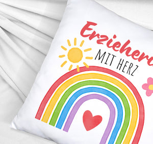 Regenbogen Kissen mit Spruch Erzieherin mit Herz