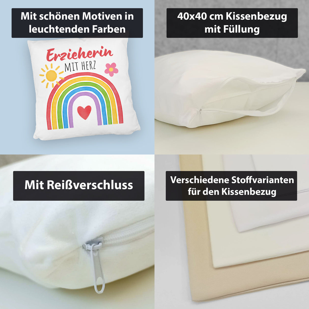 Regenbogen Kissen mit Spruch Erzieherin mit Herz