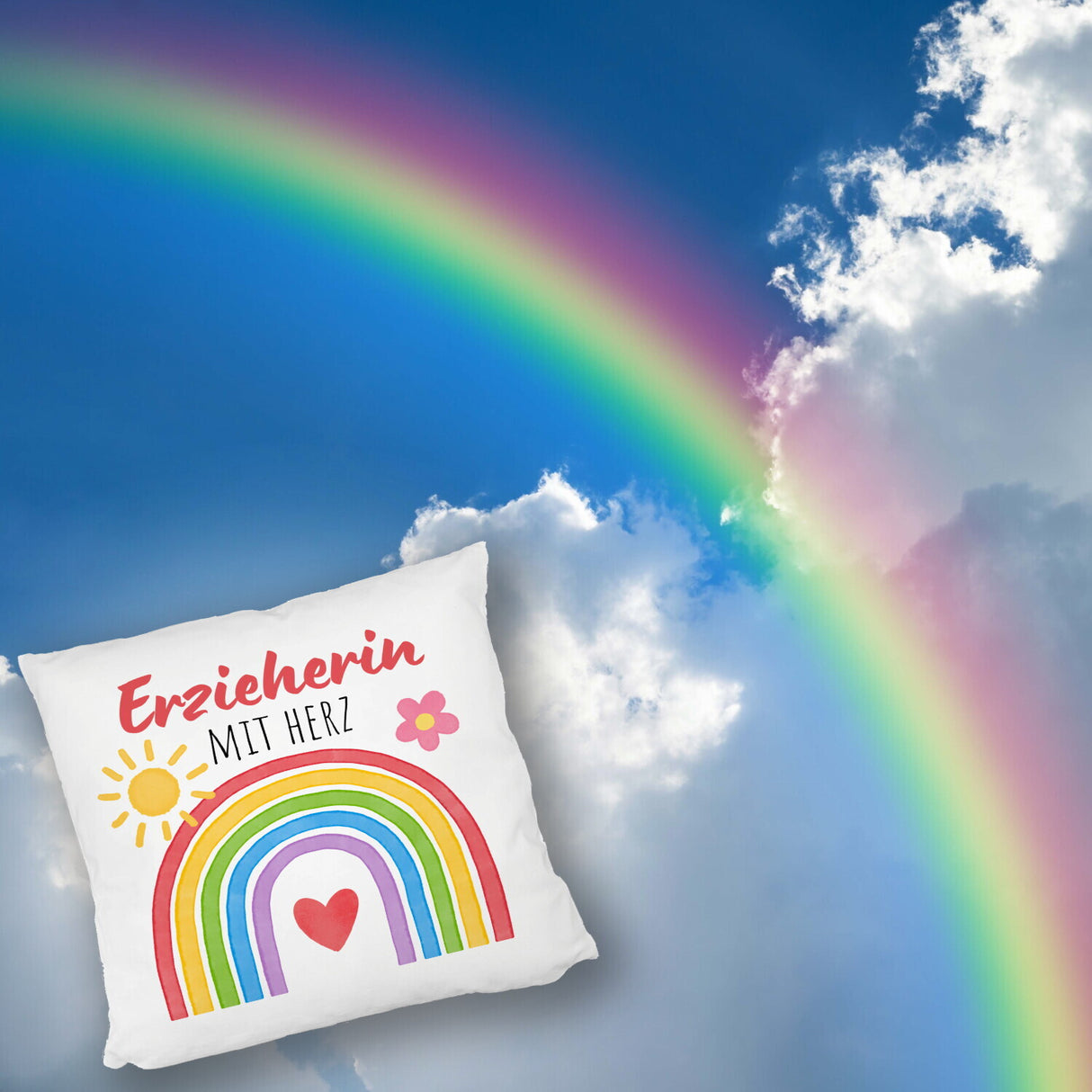 Regenbogen Kissen mit Spruch Erzieherin mit Herz