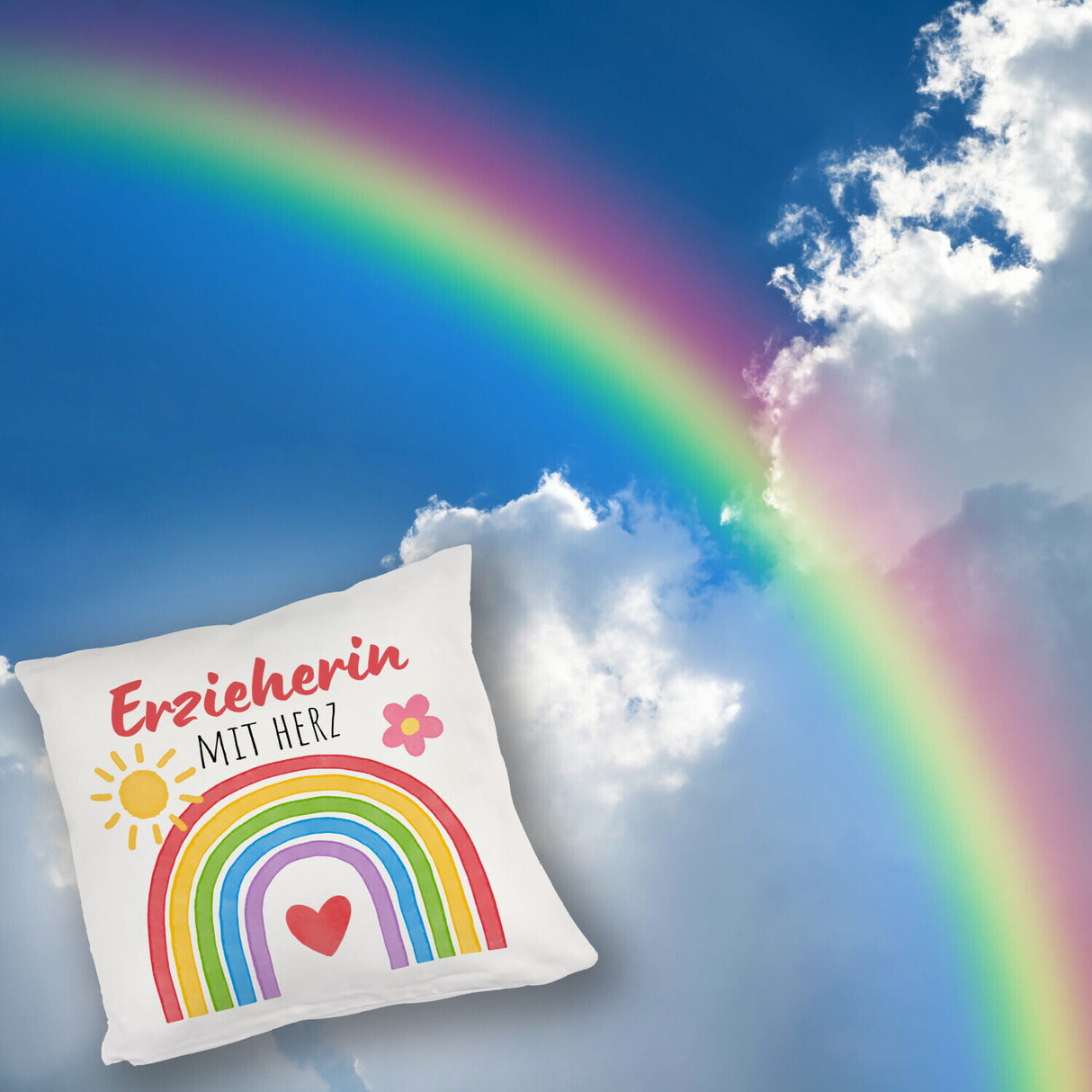 Regenbogen Kissen mit Spruch Erzieherin mit Herz