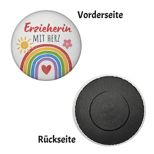 Regenbogen Magnet rund mit Spruch Erzieherin mit Herz