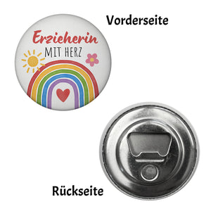 Regenbogen Magnet rund mit Spruch Erzieherin mit Herz