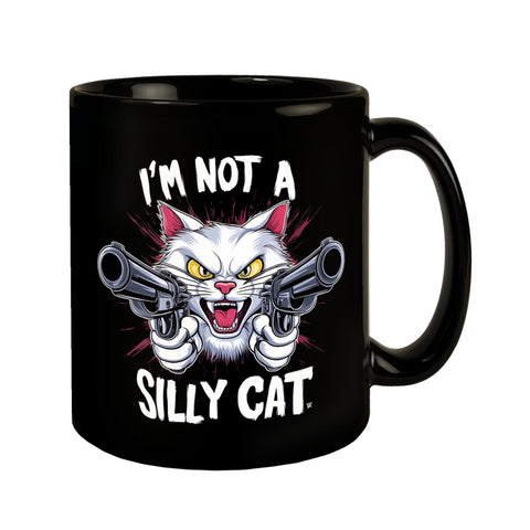 Weiße Katze mit Pistolen Tasse NOT A SILLY CAT