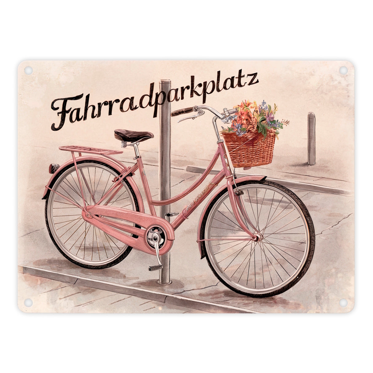 Fahrradparkplatz Metallschild in 15x20 cm mit rosa Drahtesel und Blumenkorb