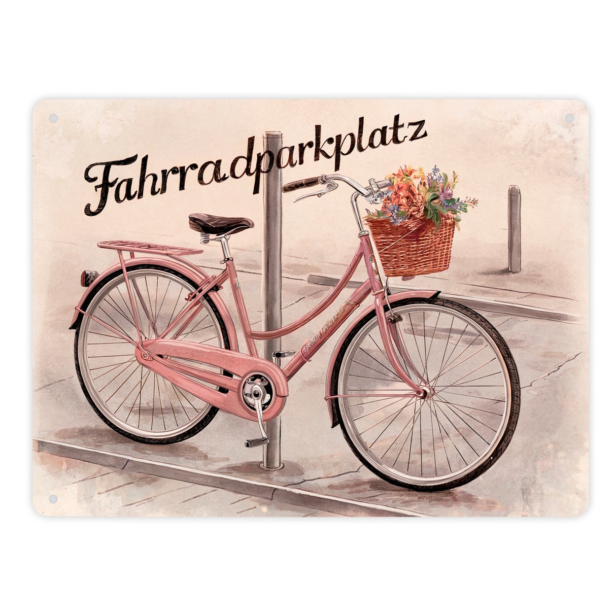 Fahrradparkplatz Metallschild in 15x20 cm mit rosa Drahtesel und Blumenkorb
