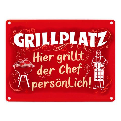 Grillplatz Metallschild in 15x20 cm - Chef grillt persönlich