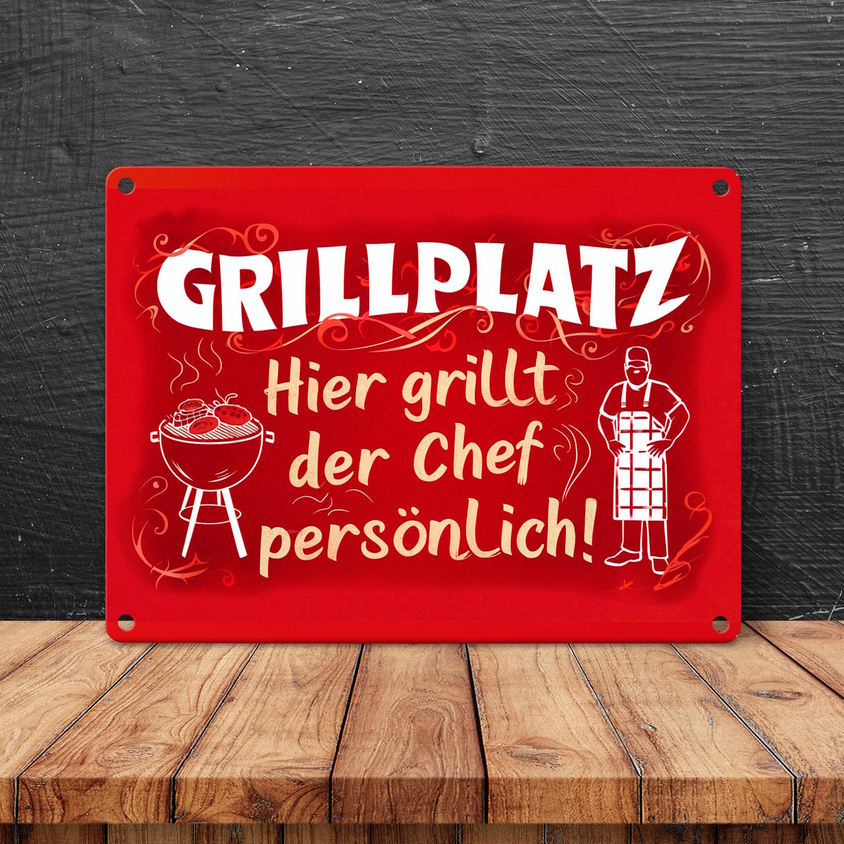 Grillplatz Metallschild in 15x20 cm - Chef grillt persönlich