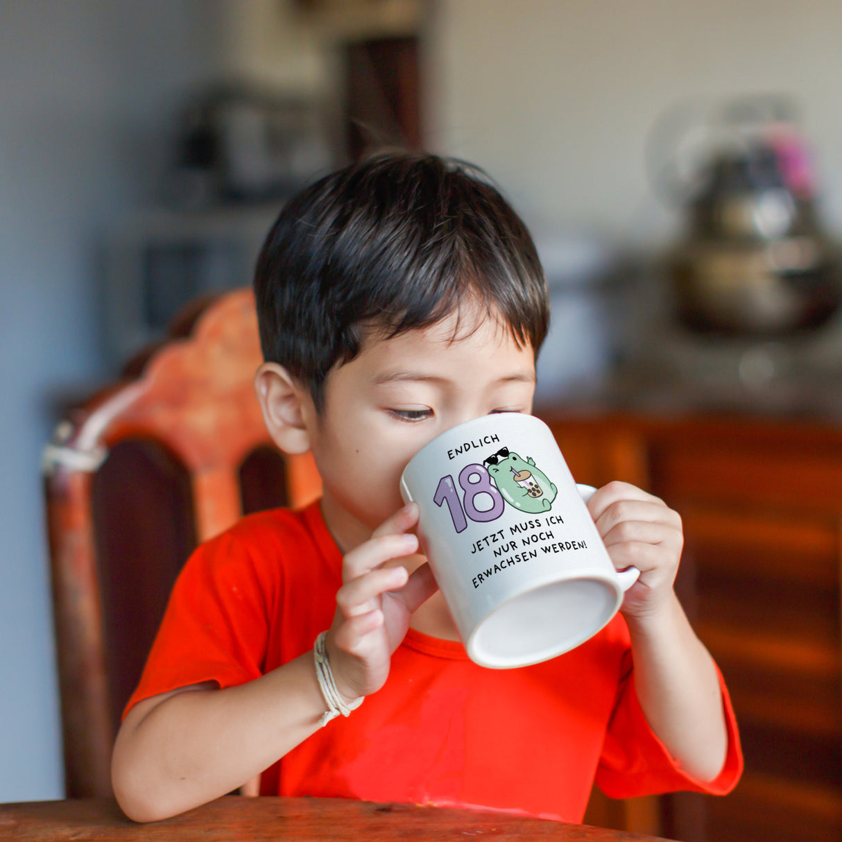Jelly & Friends Frosch Kaffeebecher mit Spruch Endlich 18 nun erwachsen werden