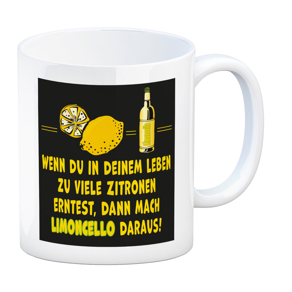 Kaffeebecher mit Spruch Mach Limoncello aus vielen Zitronen gelb schwarz