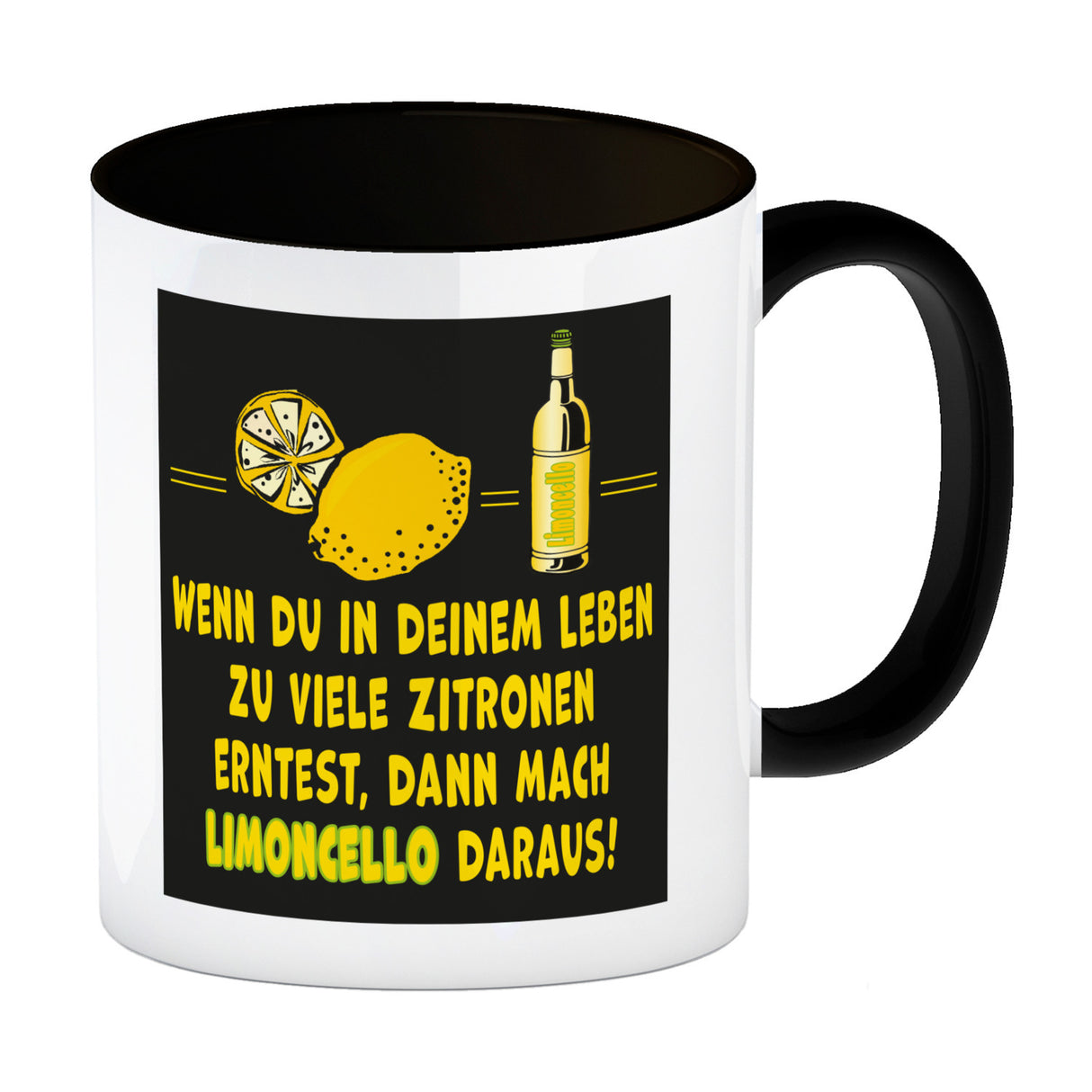 Kaffeebecher mit Spruch Mach Limoncello aus vielen Zitronen gelb schwarz