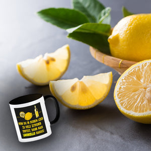 Kaffeebecher mit Spruch Mach Limoncello aus vielen Zitronen gelb schwarz