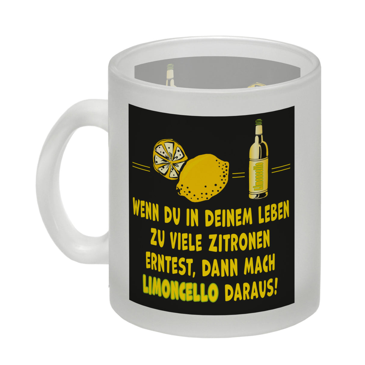 Kaffeebecher mit Spruch Mach Limoncello aus vielen Zitronen gelb schwarz