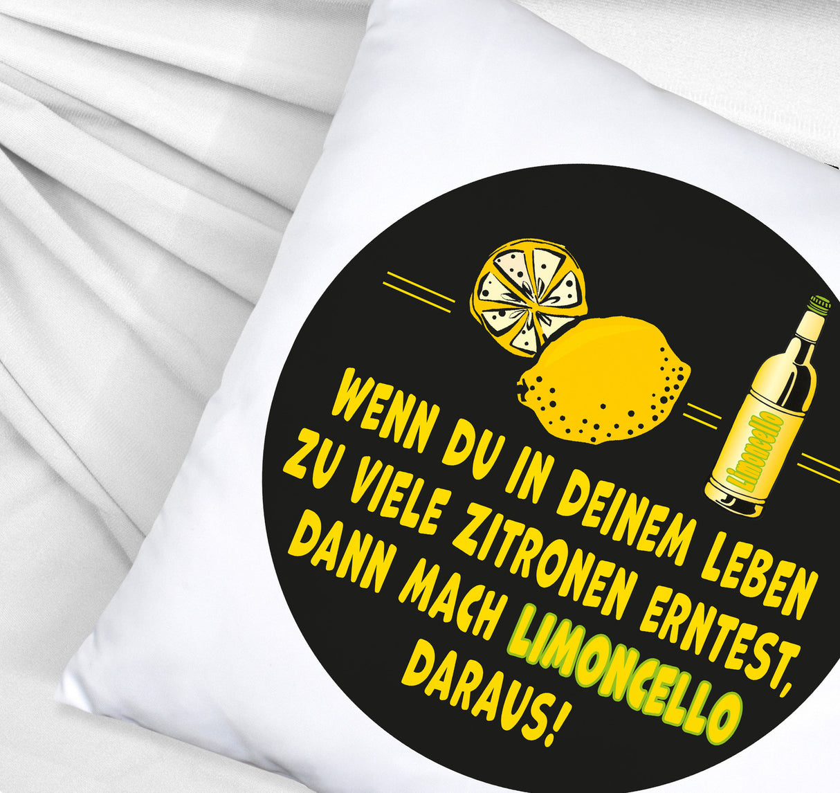 Kissen mit Spruch Mach aus Zitronen Limoncello schwarz gelb