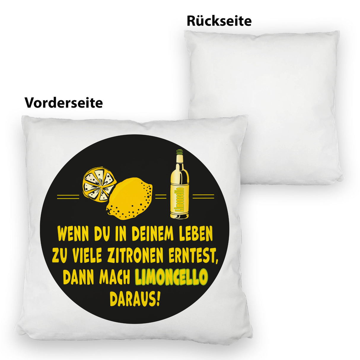 Kissen mit Spruch Mach aus Zitronen Limoncello schwarz gelb