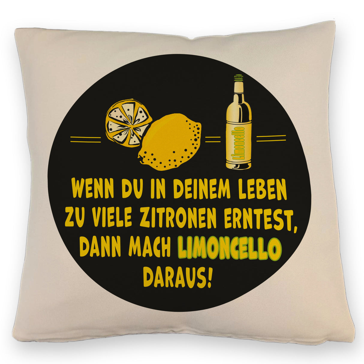 Kissen mit Spruch Mach aus Zitronen Limoncello schwarz gelb