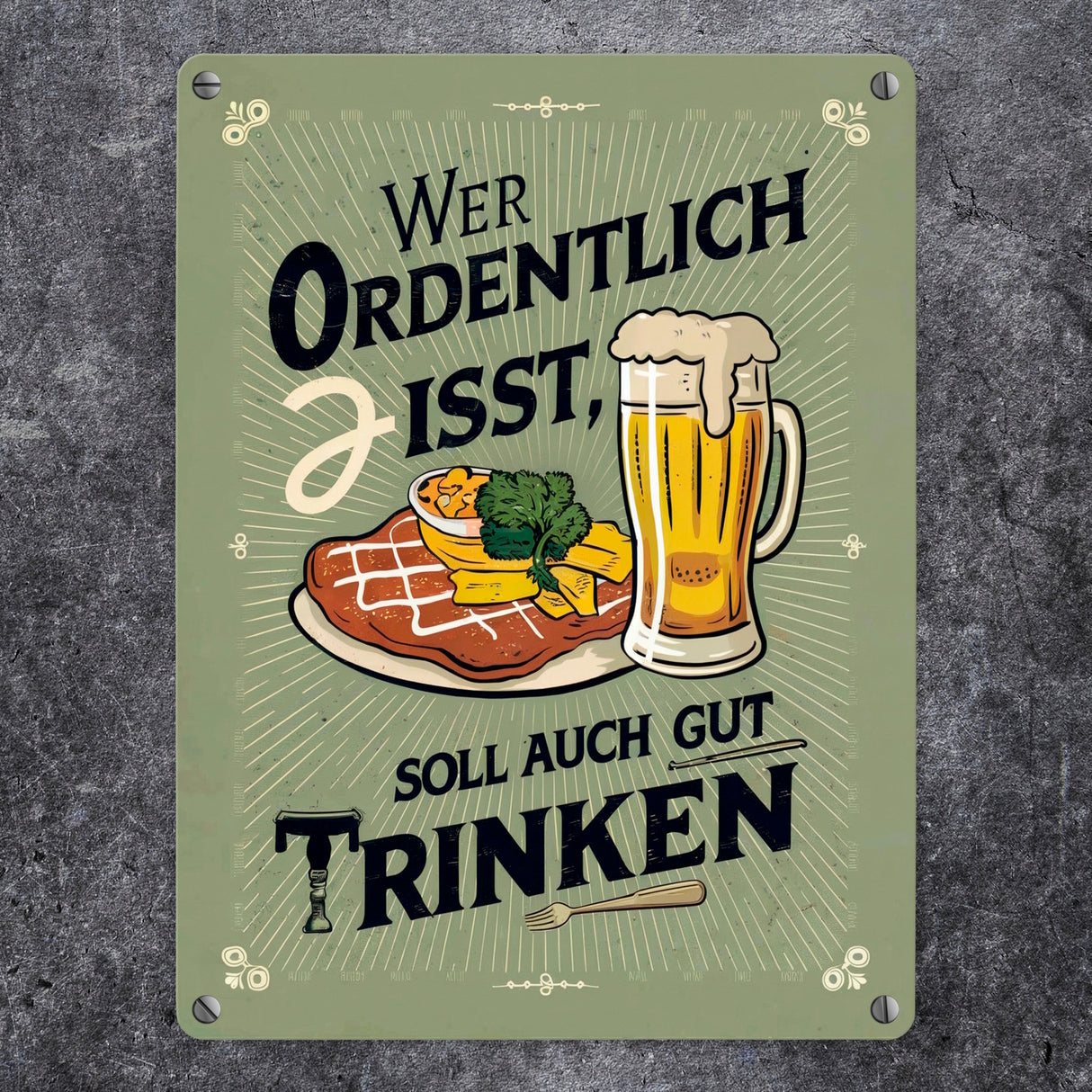 Schnitzel und Bier Metallschild in 15x20 cm - Gut essen gut trinken