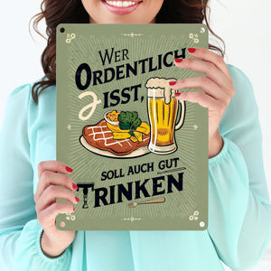 Schnitzel und Bier Metallschild in 15x20 cm - Gut essen gut trinken