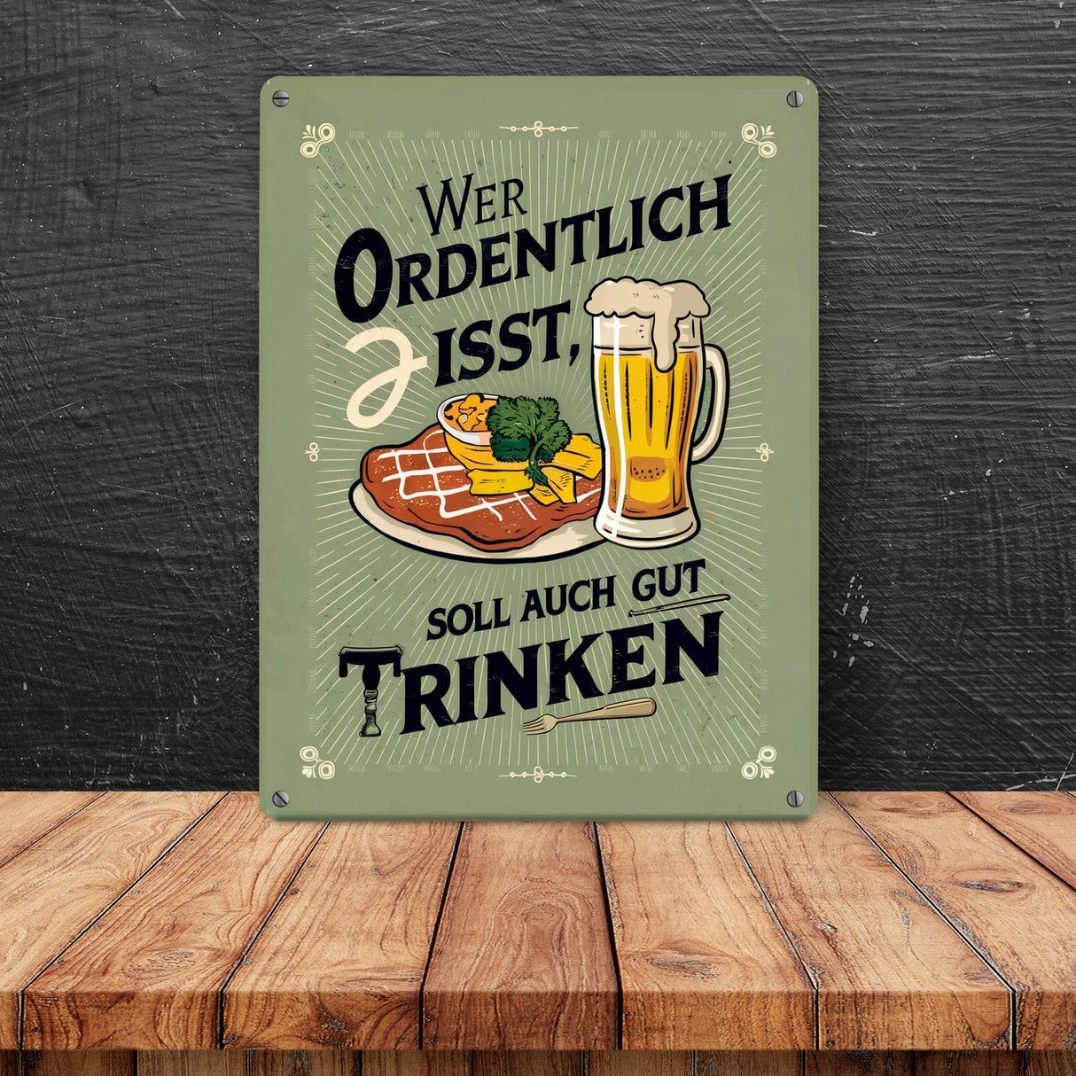 Schnitzel und Bier Metallschild in 15x20 cm - Gut essen gut trinken