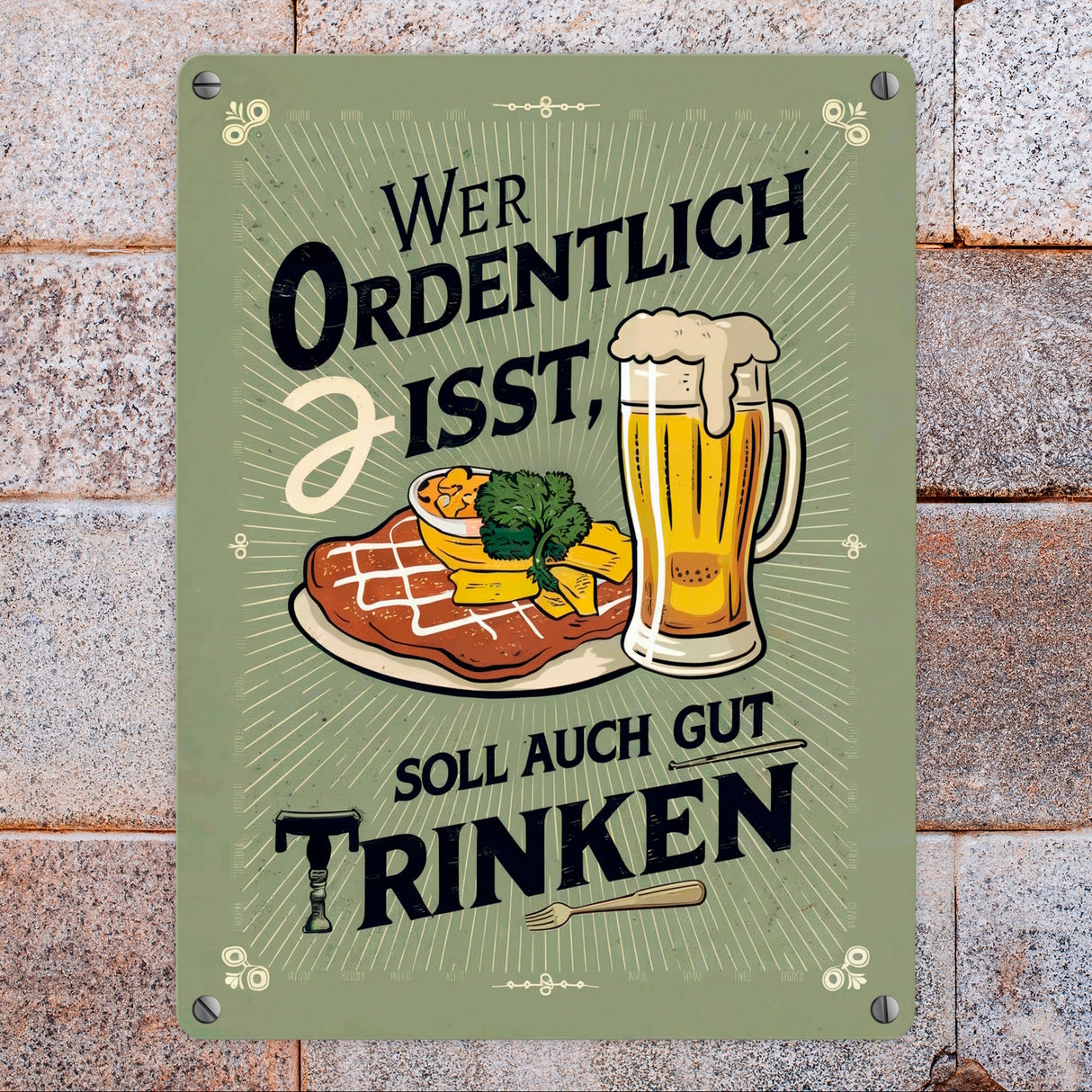 Schnitzel und Bier Metallschild in 15x20 cm - Gut essen gut trinken