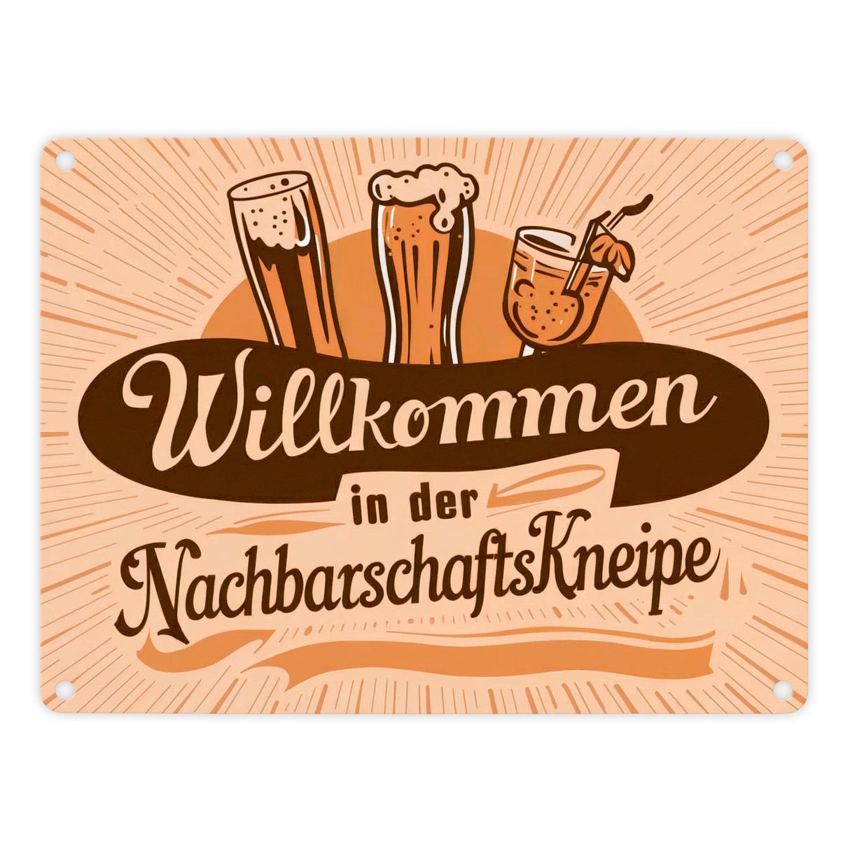 Bier Wein und Cocktail Metallschild in 15x20 cm - Willkommen in der Nachbarschaftskneipe