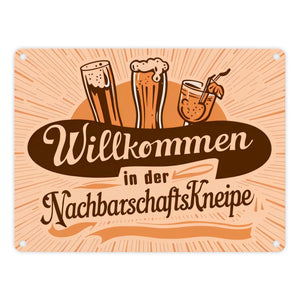 Bier Wein und Cocktail Metallschild in 15x20 cm - Willkommen in der Nachbarschaftskneipe