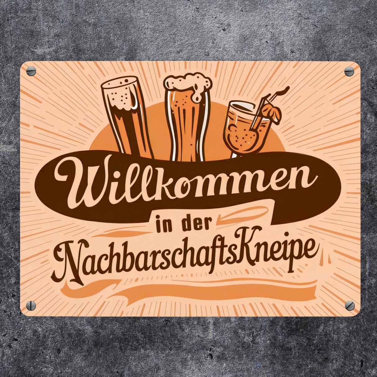 Bier Wein und Cocktail Metallschild in 15x20 cm - Willkommen in der Nachbarschaftskneipe